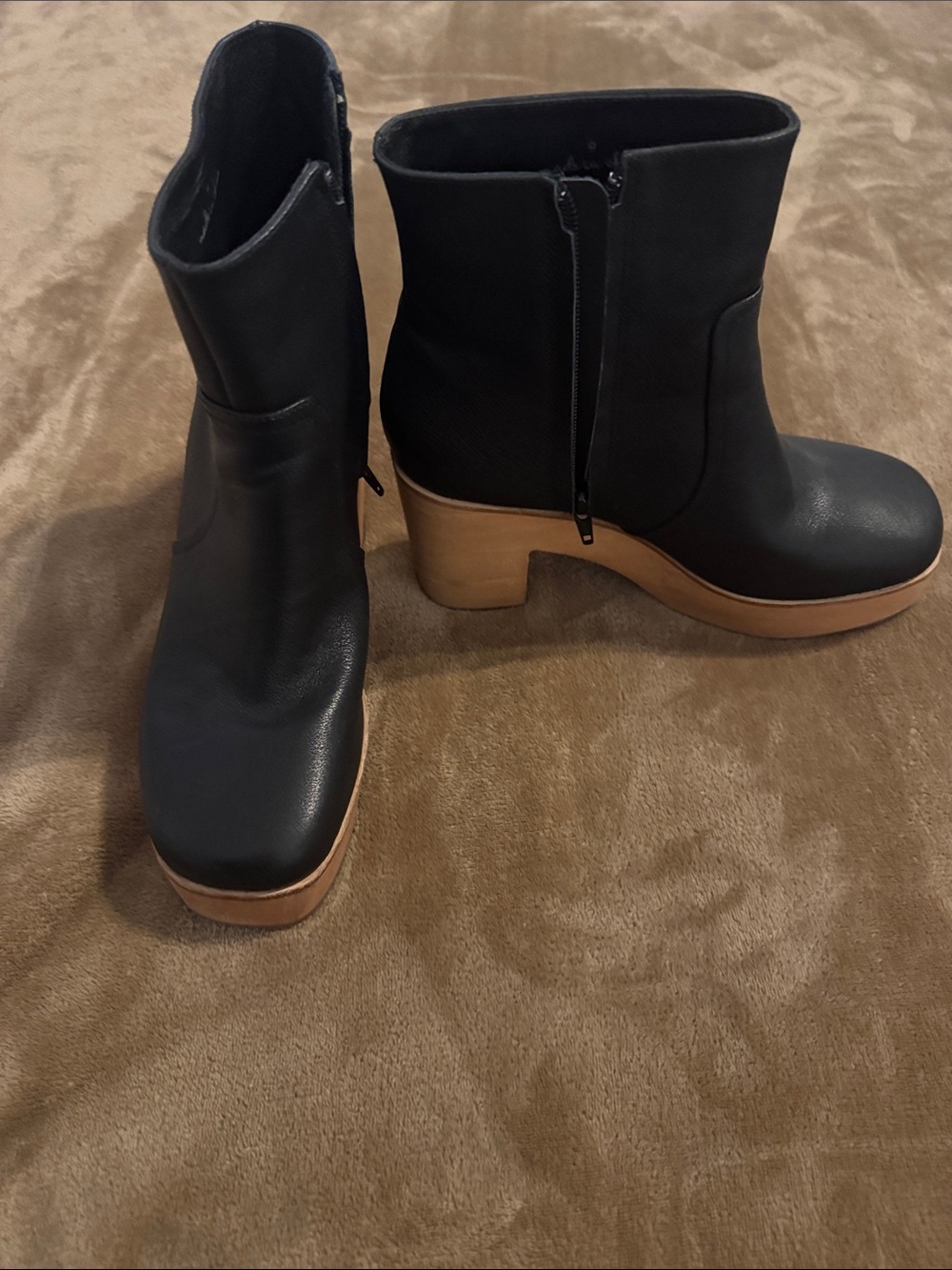 Charlotte Stone Black Platform Ankle Boots with Tan Wood-Look Heel